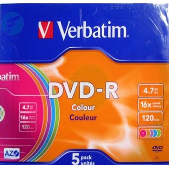 Оптический диск DVD-R диск Verbatim 4,7Gb 16x 5шт. Slim Color (43557)