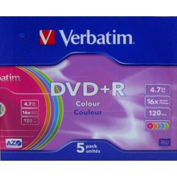 Оптический диск DVD+R диск Verbatim 4,7Gb 16x Color SlimCase 5шт (43556)
