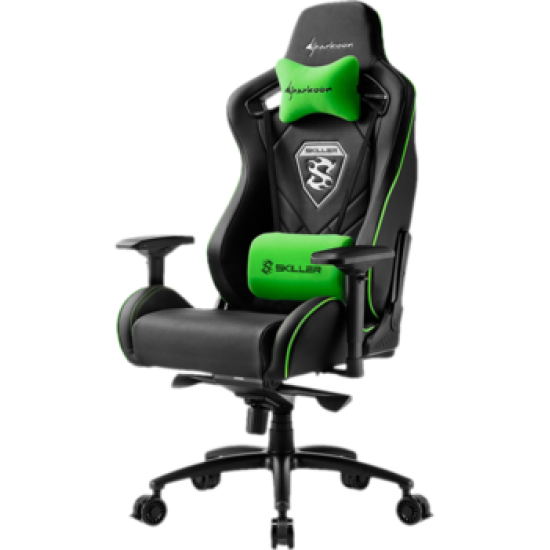 Кресло для геймера Sharkoon Shark Skiller SGS4 чёрно-зелёное (синтетическая кожа, регулируемый угол наклона, механизм качания)