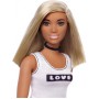Кукла Mattel Barbie Игра с модой FBR37/DYY98 (блондинка, белая футболка Love, розовая юбка в черных горох)