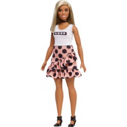 Кукла Mattel Barbie Игра с модой FBR37/DYY98 (блондинка, белая футболка Love, розовая юбка в черных горох)